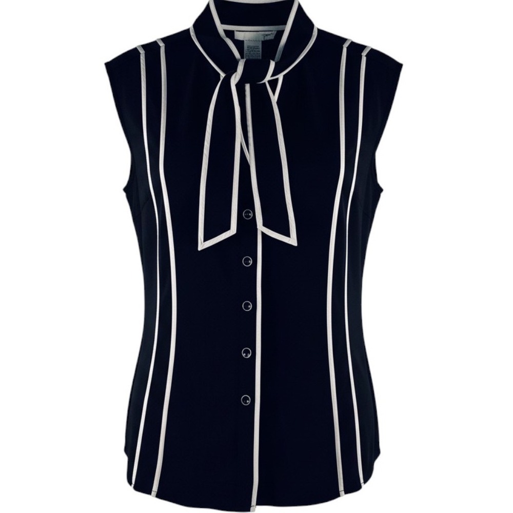 Doncaster Blouse Women L Black White Bow Sleeveless Button Front Chic Workwear